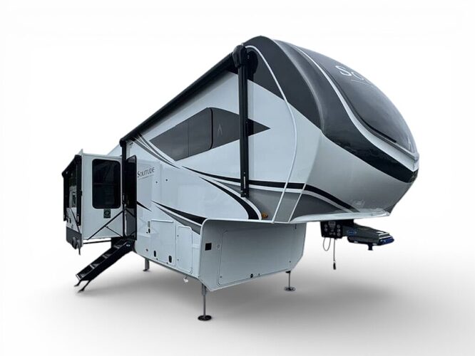 Grand Design fifth wheel against white backdrop. 