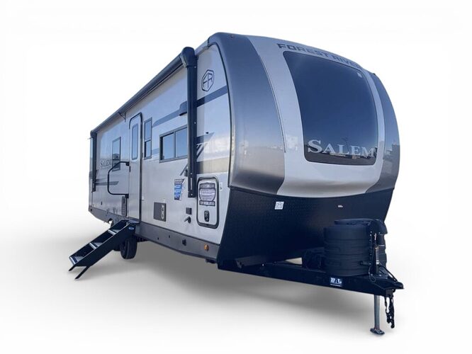 Salem Hemisphere travel trailer against white backdrop. 