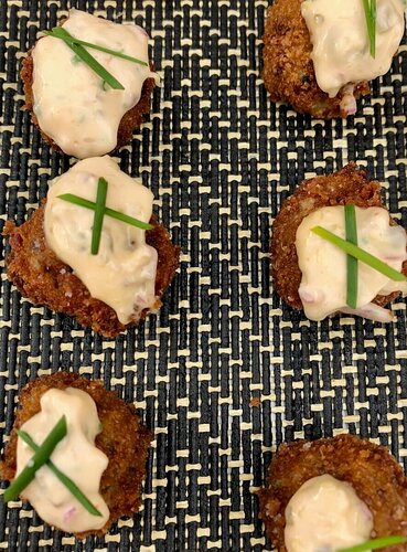 Oysters Bienville Cakes with Spicy Roumalade,at The Orchard Kitchen, Langley, Whidbey Island, Washington