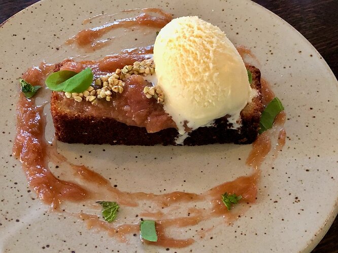 Rye Pound Cake, Honey Ice Cream, Rhubarb Jam, Buckwheat Crumble, at The OysterCatcher, Coupville, Washington