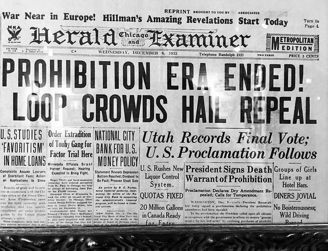 Herald Examiner headline citing the end of Prohibition
