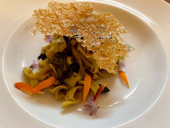 Hand cut Tagliatelle Pasta with Wild Black Mushrooms and a shaving of Glen Shepards Island Bready Cheese on top. The Orchard Kitchen, Langley, Washington.jpeg
