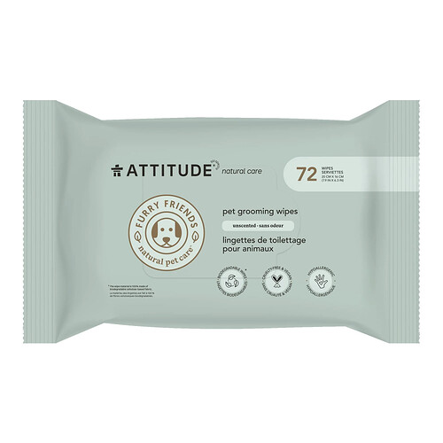 Attitude Furry Friends Pet Grooming Wipes, 72 unscented wipes packaging.