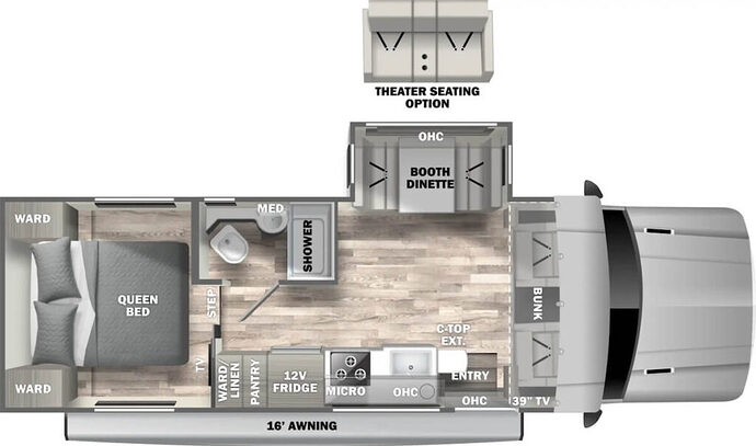 Image of the floor plan of the Dynamax Isata 5 28SS 4x4 RV. It includes a single slide with a dinette, rear bedroom with a queen bed, midship bathroom and full galley kitchen.