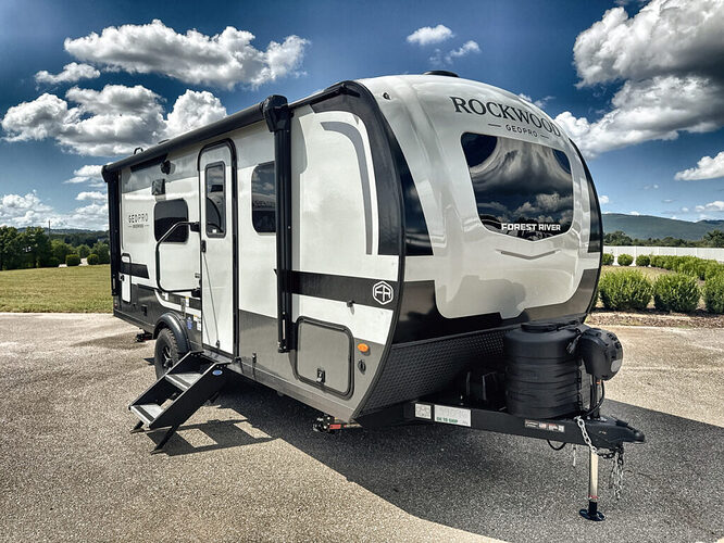Picture of the front of a Forest River Rockwood Geo Pro travel trailer.