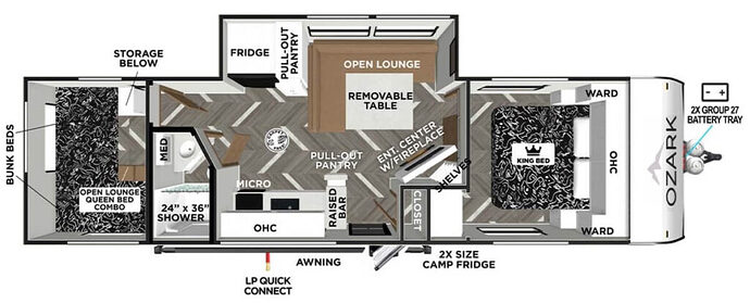 FOREST_RIVER_OZARK_2890BHK travel trailer with 2 queen beds Floor Plan 