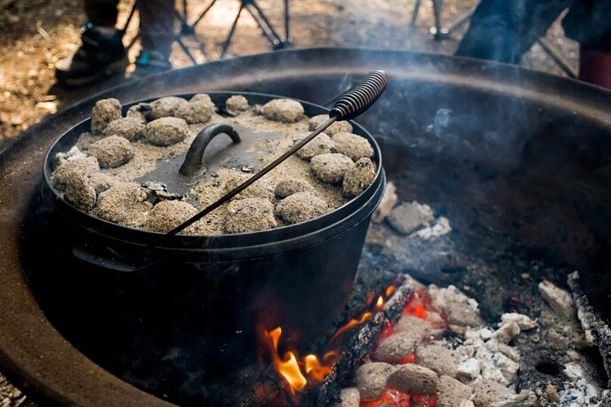 Dutch oven in campfire with coals on top