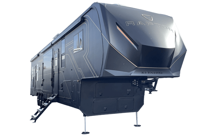 2026 keystone Raptor 444 toy hauler with side patio exterior