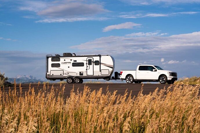 Truck towing Mini Lite travel trailer