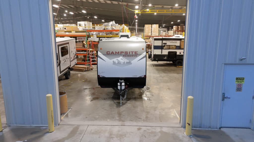 Campsite Reserve trailer in an RV service center